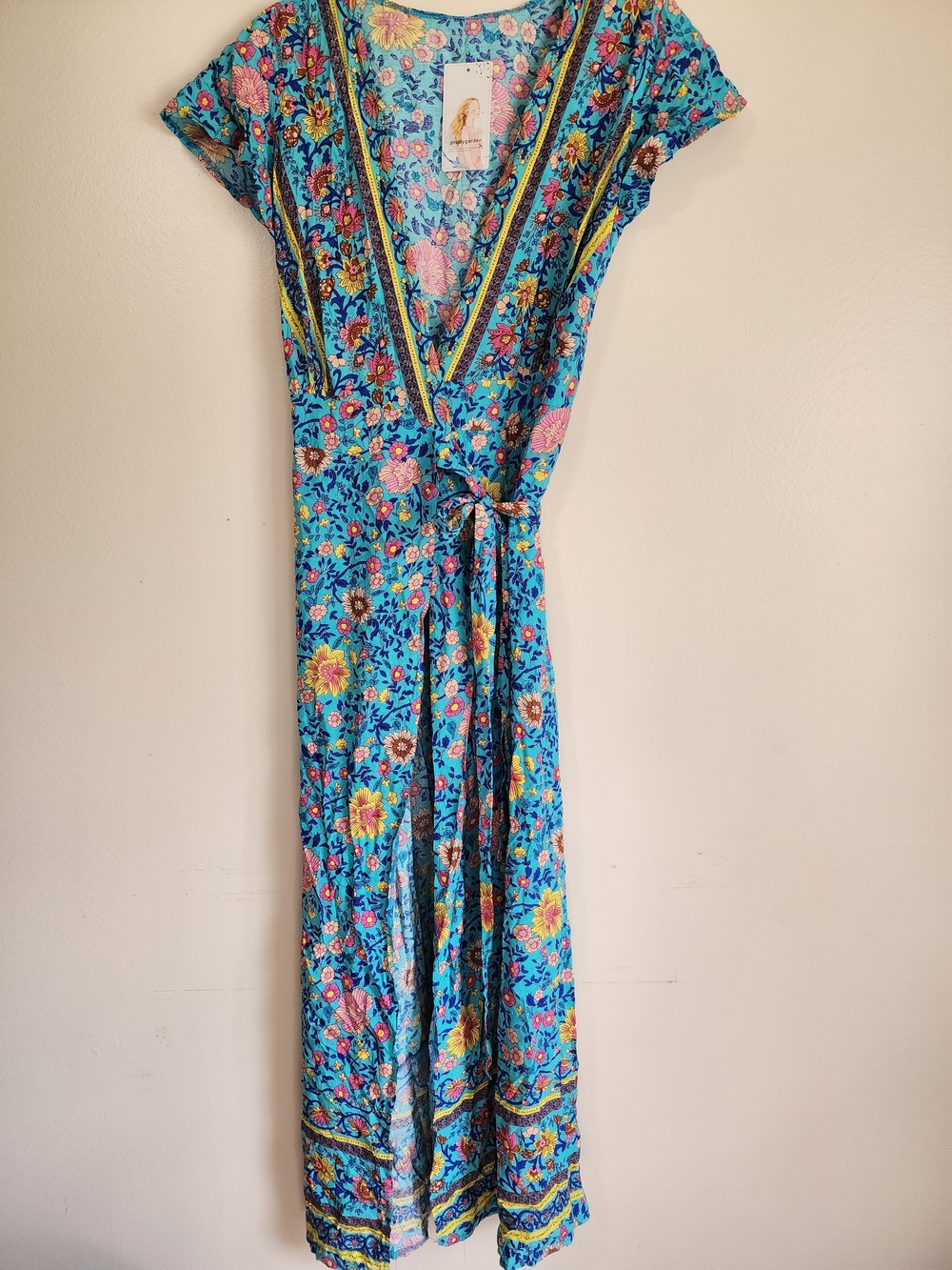Blue Floral Wrap Maxi Dress with Tie Waist